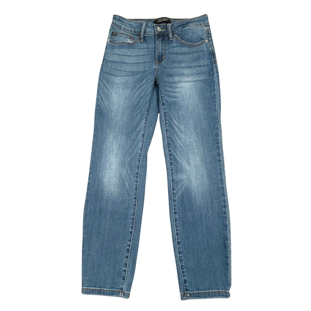 Judy Blue Jeans 28 Relaxed Fit Mid Rise Faded Stretch Ankle Tapered Blue Denim